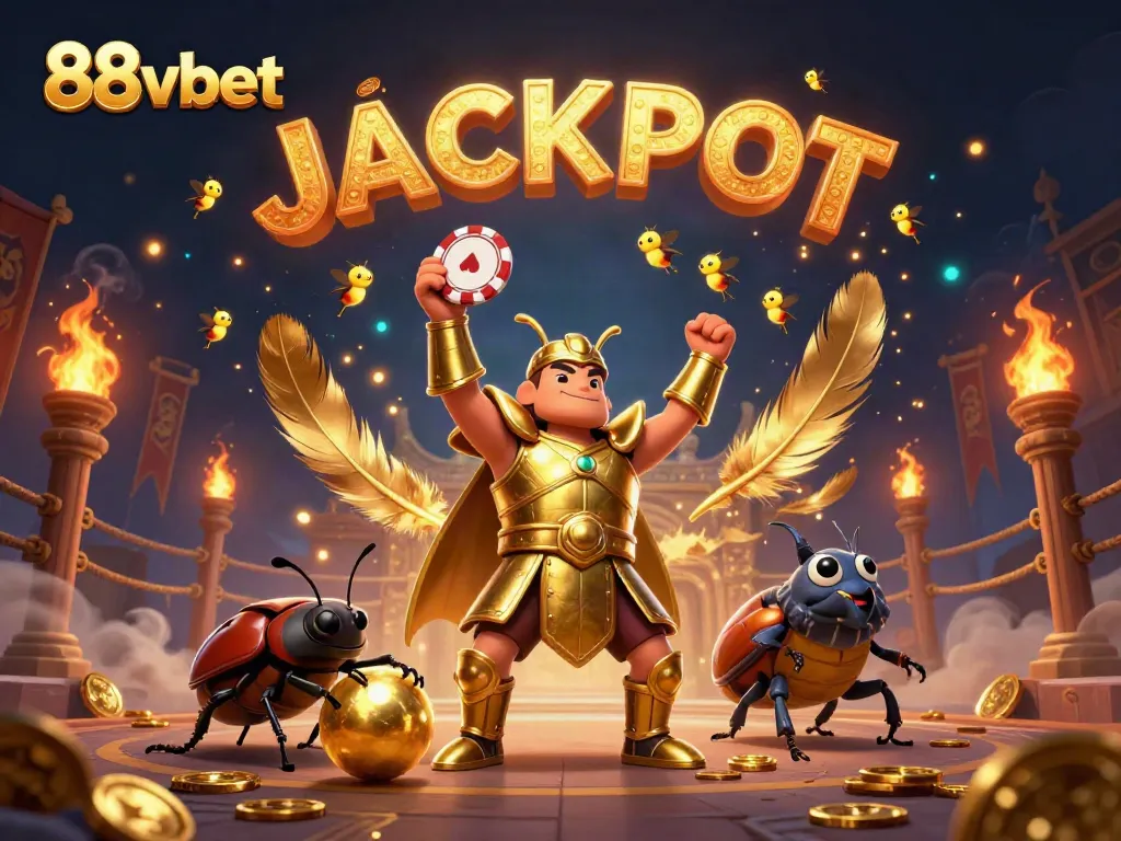 Experience the thrilling jackpot with 88vbet, where a victorious beetle lifts a poker chip amidst golden riches.