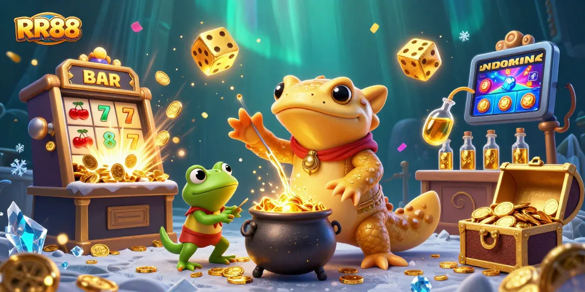 Experience RR88 excitement with a golden salamander alchemist in a vibrant casino scene.