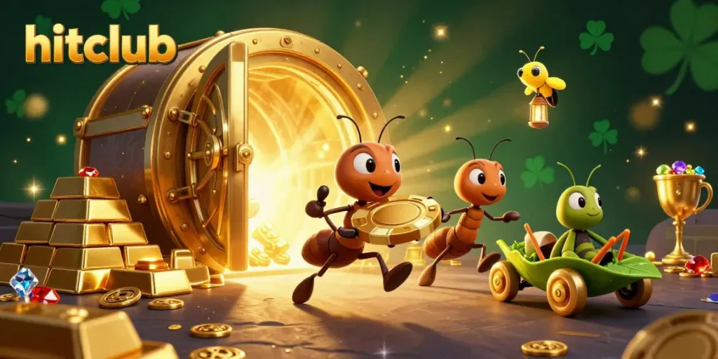 Hitclub's heist scene with ants carrying a massive golden poker chip amidst treasure and gems