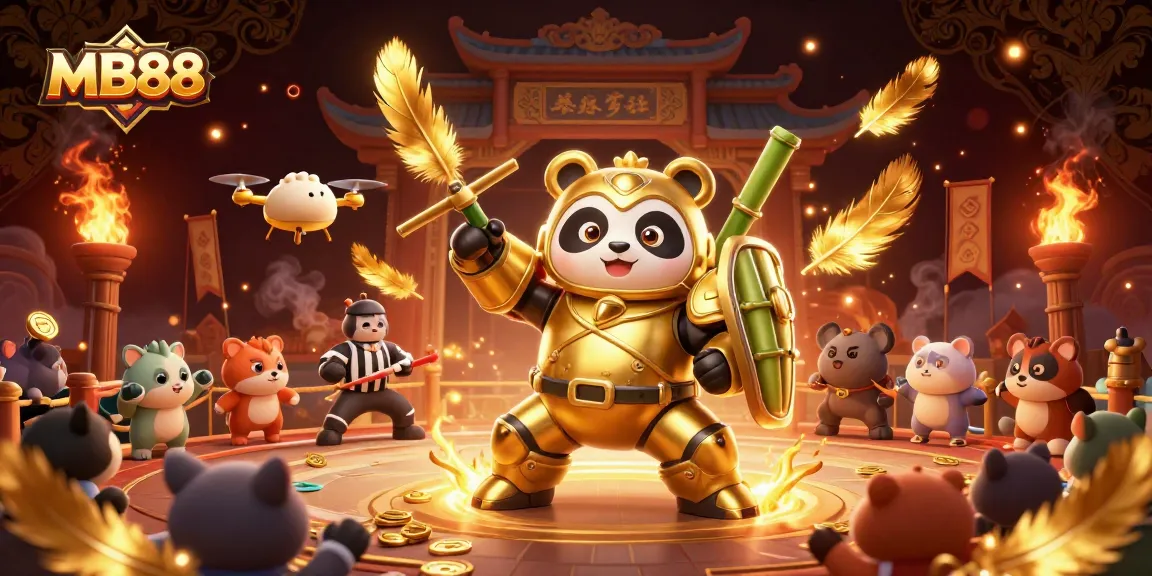 Experience thrilling gameplay at MB88 with golden panda fighting in a casino arena full of excitement.