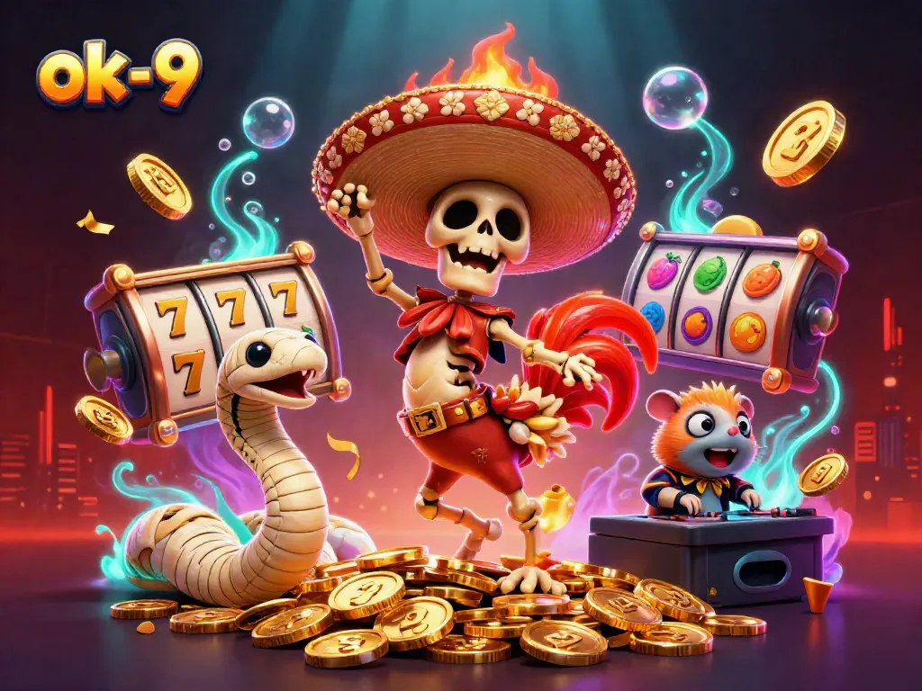 Experience thrilling victories with ok-9 in a colorful casino scene featuring dynamic slot reels and energetic characters.