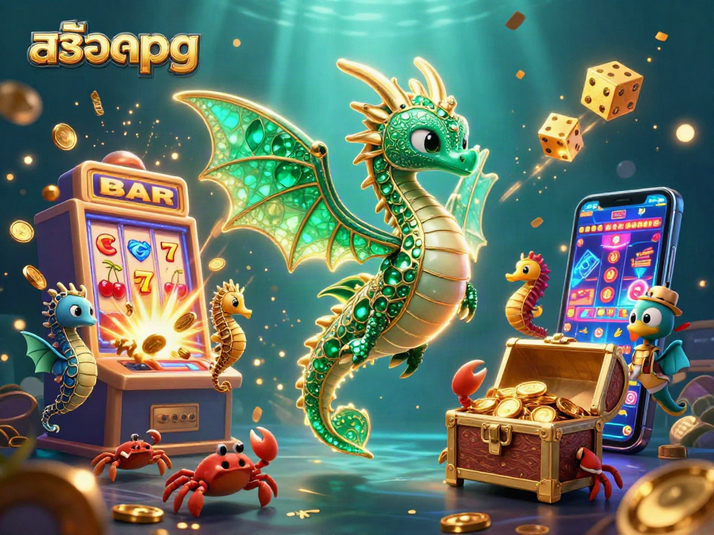 Experience สล็อตpg excitement with a dynamic scene of 3D characters and casino elements in a treasure-filled underwater world.