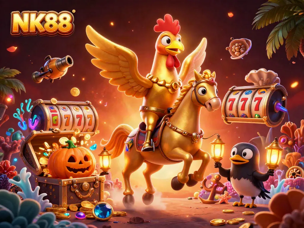 NK88 creates a captivating scene of a golden rooster exploring an exciting casino adventure.