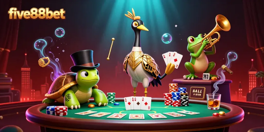 Engaging five88bet scene depicting a dragonfly, turtle, and frog at a casino, showcasing dynamic gambling elements.