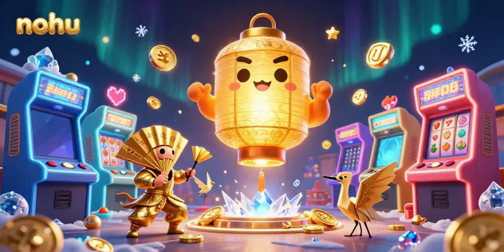 Engage with the vibrant nohu casino scene showcasing golden lanterns, arcade game machines, and lucky symbols.
