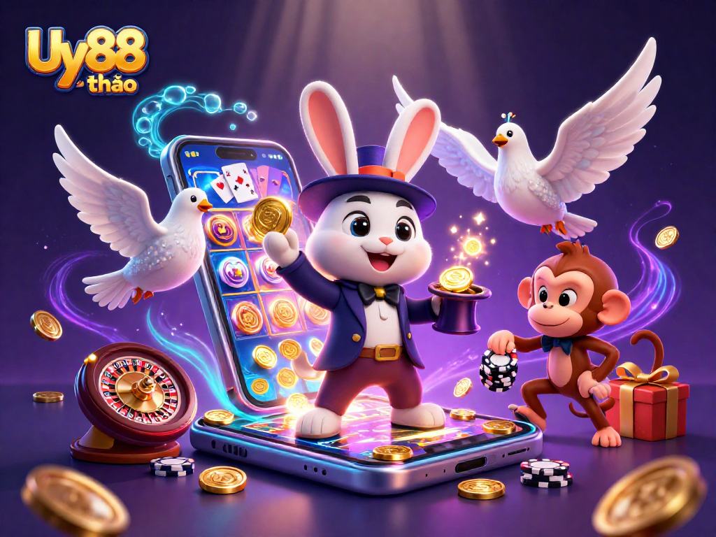 Experience the excitement of Uy88 thể thao with a colorful 3D illustration featuring a magician rabbit and playful casino elements.
