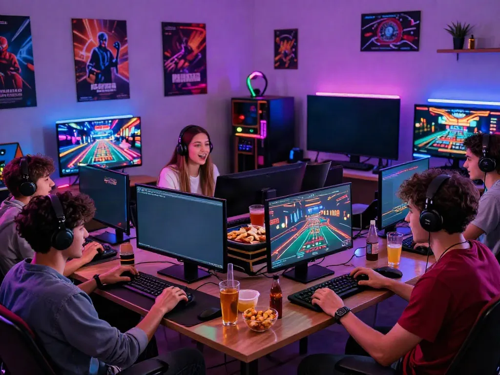 Friends enjoying an engaging gaming night with sv88 live casino, snacks, and vibrant LED lights.