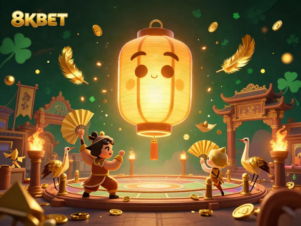 Experience the vibrant casino atmosphere at 8KBET with golden spirits and warriors in motion.