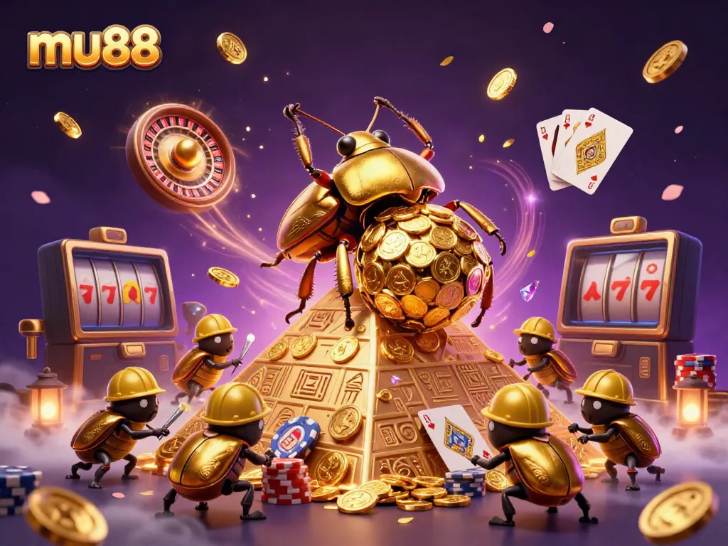 Experience MU88's vibrant online casino with a dynamic representation of golden beetles and scattered riches.
