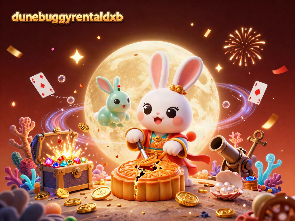 Experience the thrill at dunebuggyrentaldxb with a vibrant illustration of a moon rabbit revealing poker chips.