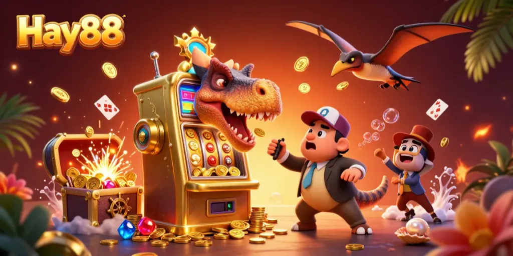 Engage with Hay88's vibrant casino scene featuring a dinosaur interacting with a winning slot machine, showcasing excitement.