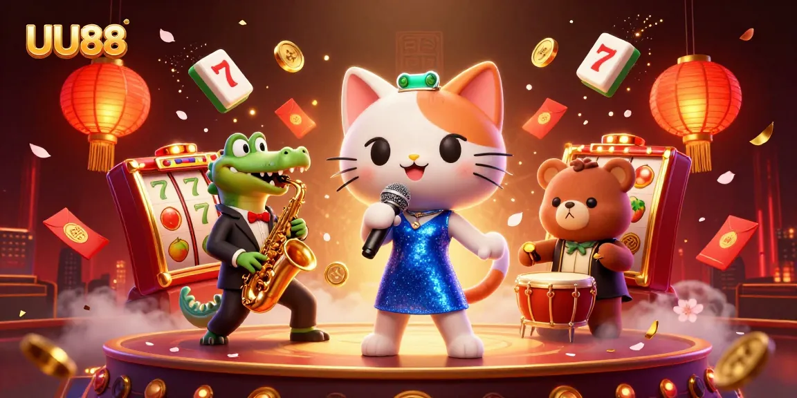 Engage with UU88's vibrant casino atmosphere featuring a singing cat and lively characters.