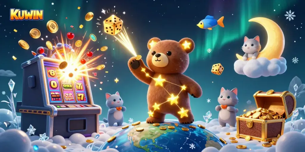 Discover the excitement of KUWIN gaming with colorful coins and fun characters in a vibrant casino scene.