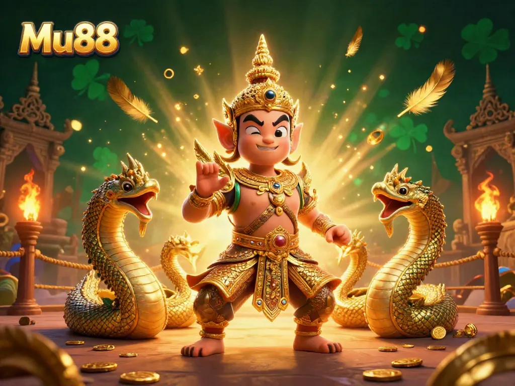 Experience the vibrant Mu88 online casino realm with guardian figures and dynamic gaming elements.