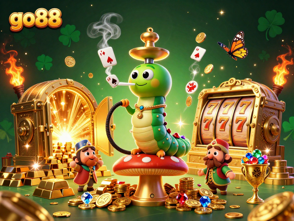 Experience exciting casino action with go88's vibrant 3D illustration showcasing a hookah-master in a treasure-filled realm.