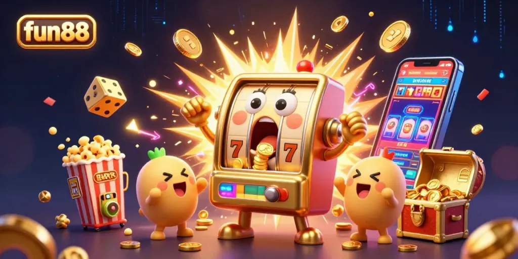 Experience fun88's exciting slot machine action with golden coins cascading and cheering machines in a vibrant casino scene.