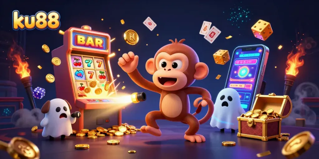 ku88 showcases a playful poltergeist monkey in a bustling casino atmosphere filled with colorful gaming elements.
