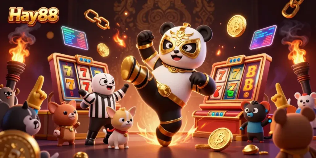 Experience thrilling slots with Hay88's dynamic casino scene featuring vibrant 3D characters.