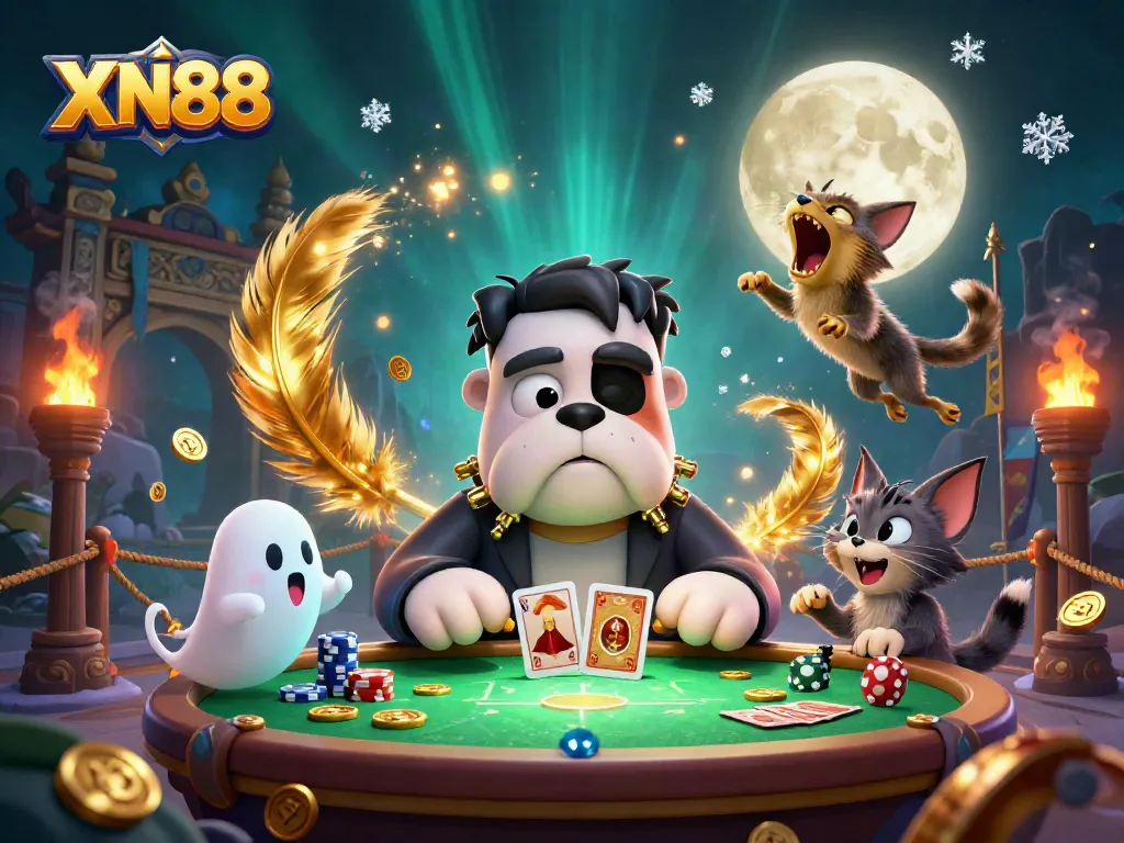 Engage with XN88 by joining the eerie casino scene featuring a bulldog dealer, ghost mouse, and whimsical werewolf kitten.