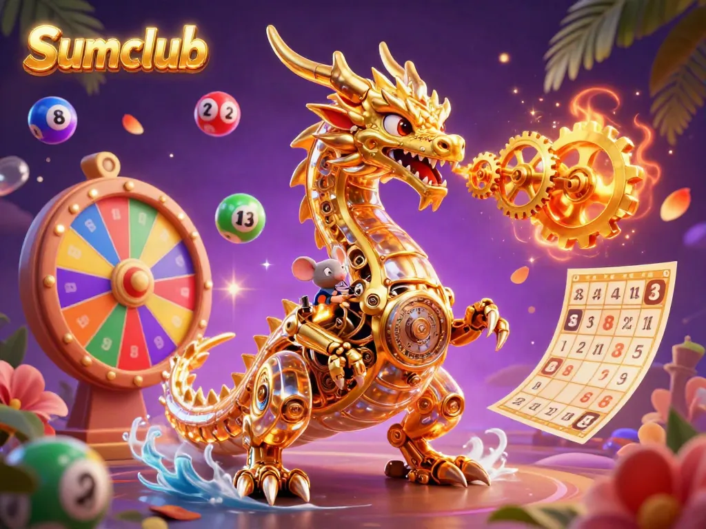 Join the excitement at Sumclub with vibrant lottery balls and a magical dragon in action.