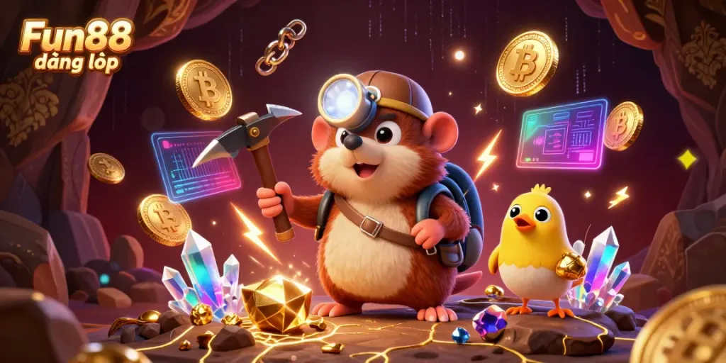 Experience the thrill of Fun88 đăng nhập with cartoon characters and crypto elements in a vibrant casino-themed illustration.