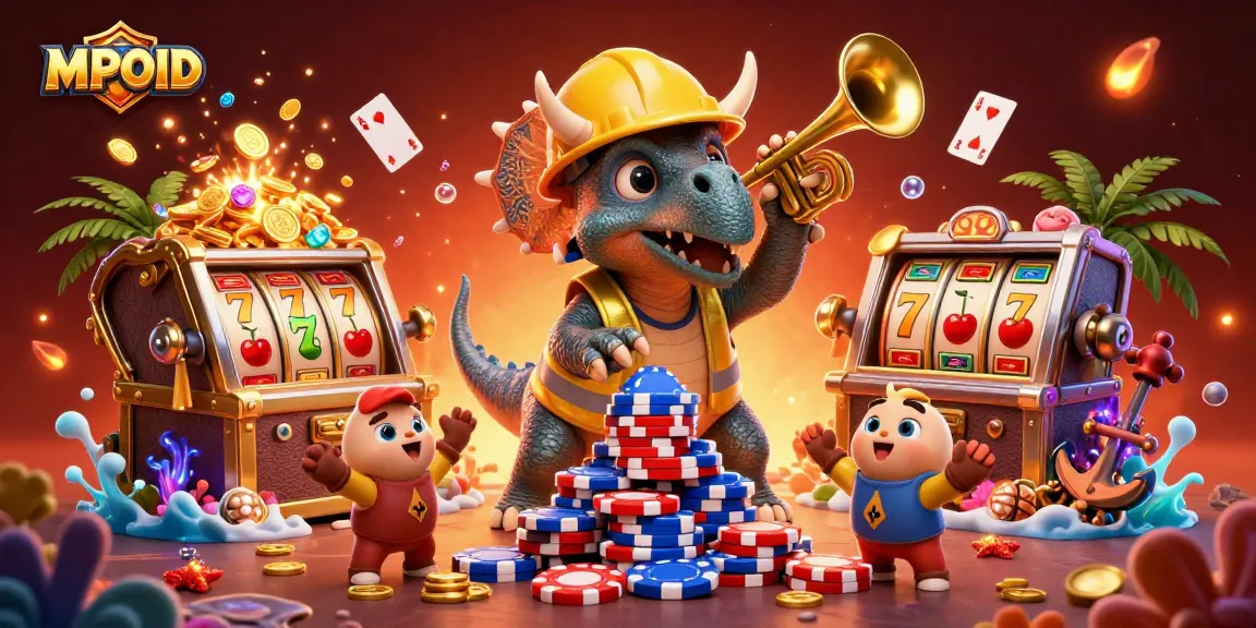 MPOID-themed 3D scene with a triceratops stacking poker chips, celebrating with animated elements.