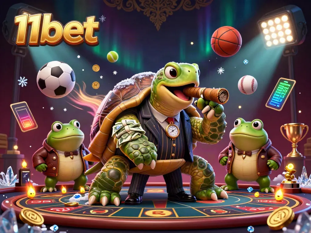 11bet themed 3D illustration featuring a turtle in a mobster suit, casino elements, and sports balls.