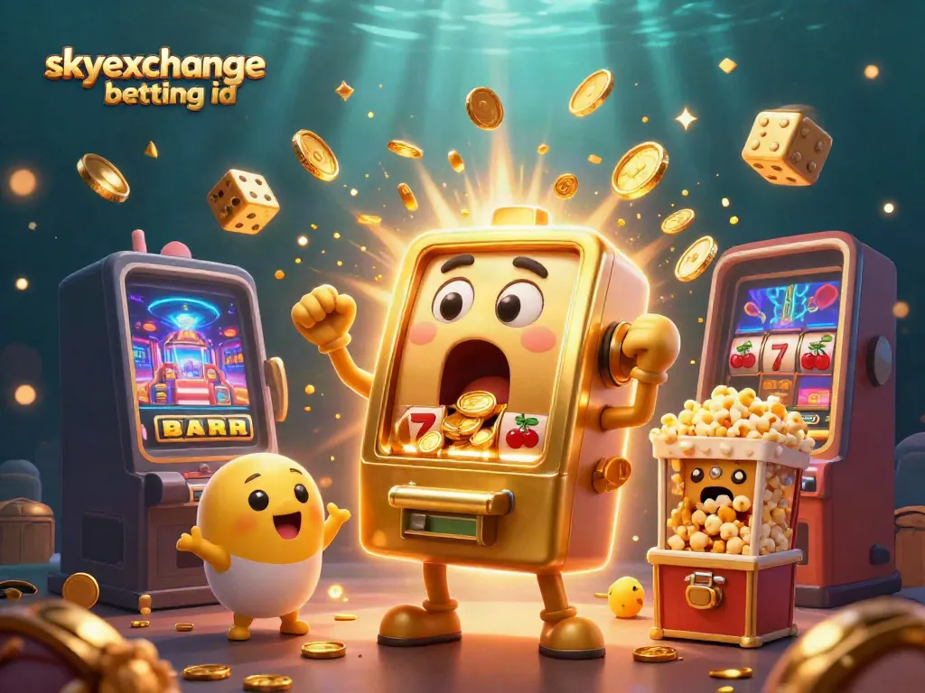 Experience excitement with skyexchange betting id as it showcases a golden slot machine celebrating a jackpot amidst cheering characters.
