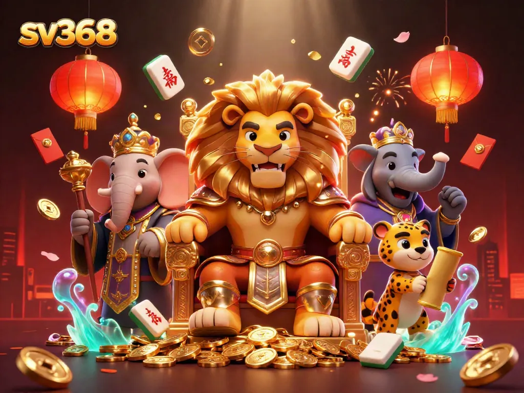 Experience the thrill of sv368 with a majestic lion king and advisors celebrating in a vibrant casino scene.
