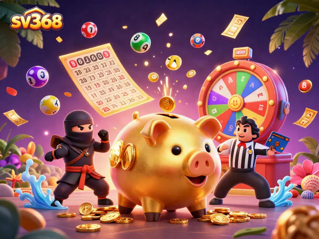 Experience the excitement of sv368 with colorful lottery balls, cash rain, and vibrant characters in an engaging casino atmosphere.