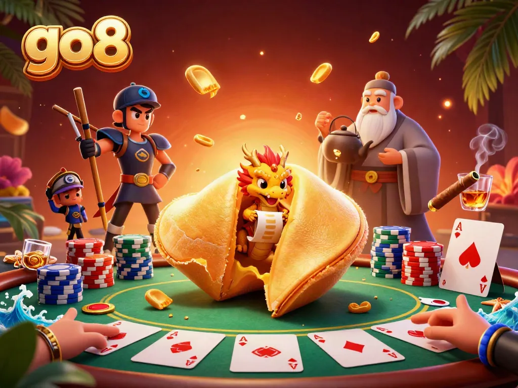 Engage in exciting poker games at the go8 casino with an immersive 3D illustration of fortune and strategy.