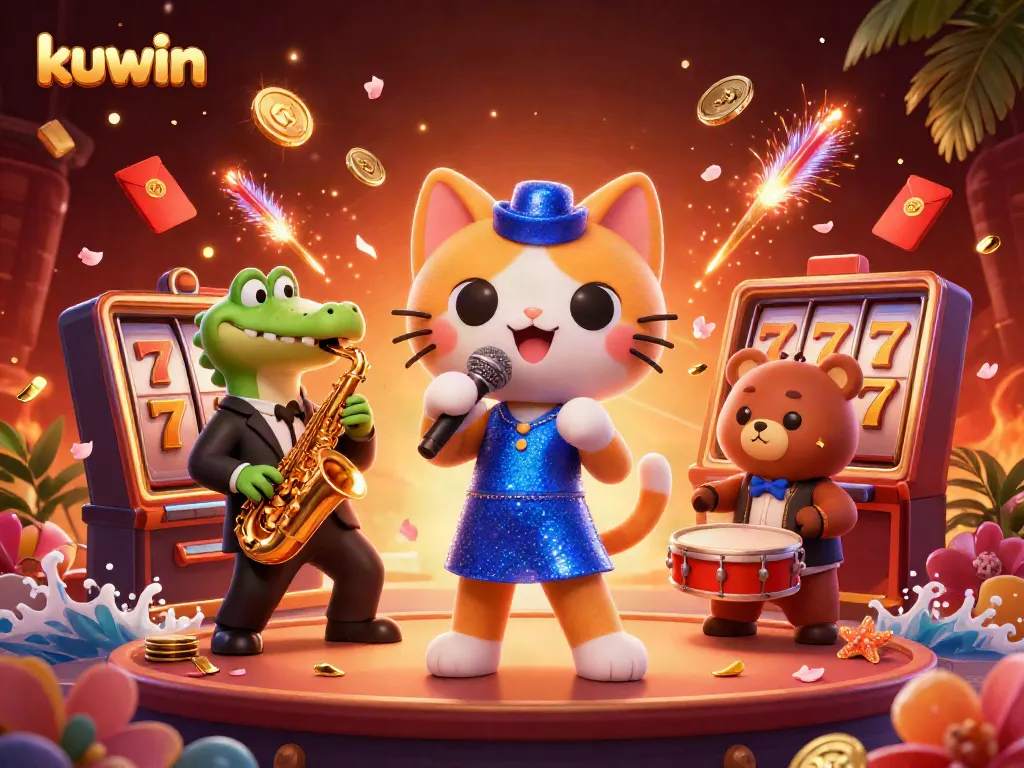 Kuwin showcases a vibrant casino scene with a jazzy cat, crocodile, and bear filled with slots and fireworks.