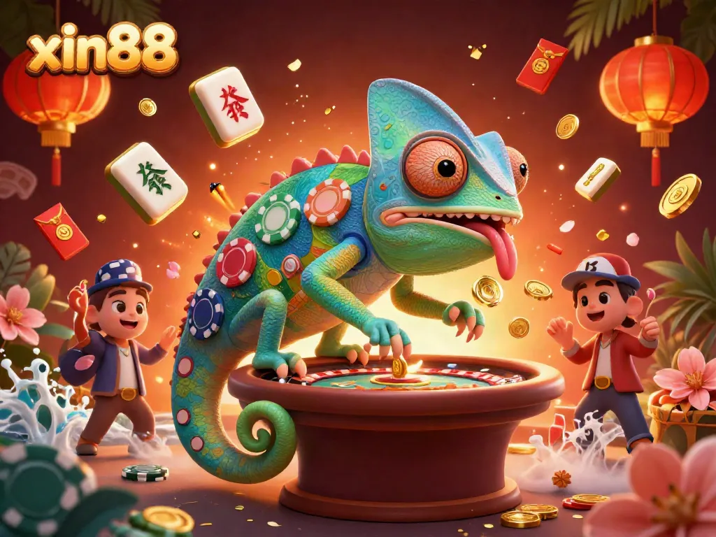 Experience the excitement of xin88 with a colorful chameleon casino owner watching multiple gaming activities.