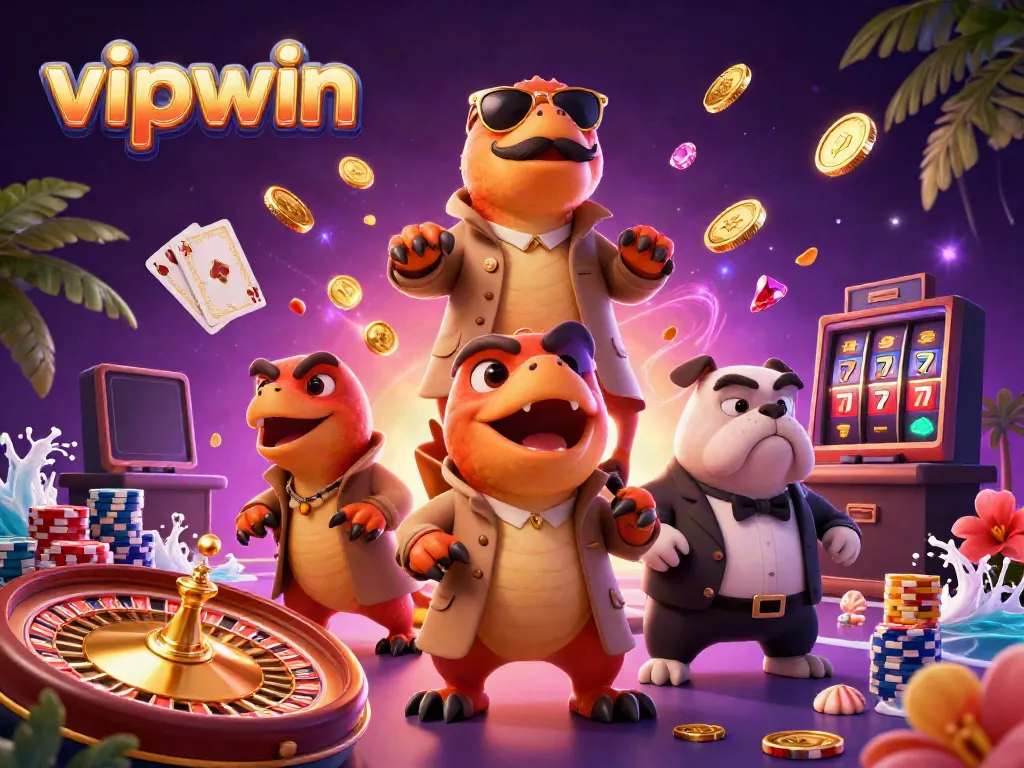 Experience the thrill of vipwin at a vibrant casino scene with playful raptors and a skeptical bouncer.