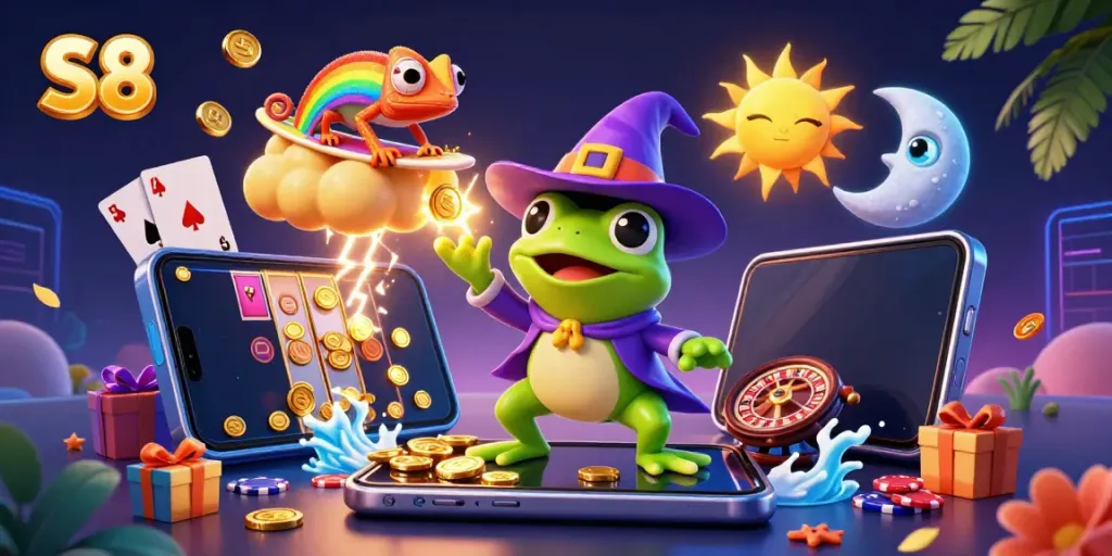 Enjoy thrilling gameplay with S8, featuring vibrant golden coins and exciting casino elements.