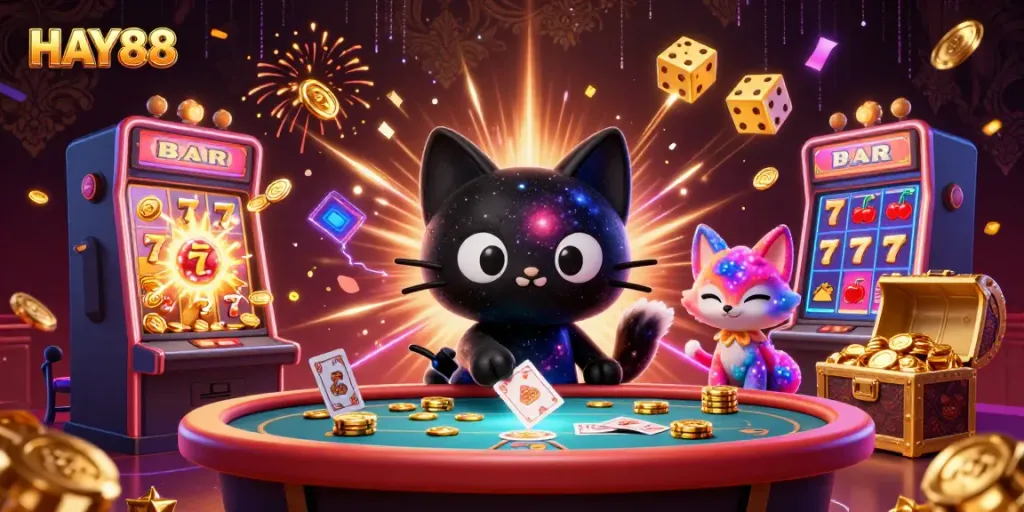 Experience the excitement of HAY88 with a cosmic feline and vibrant surroundings pulling in winning chips!