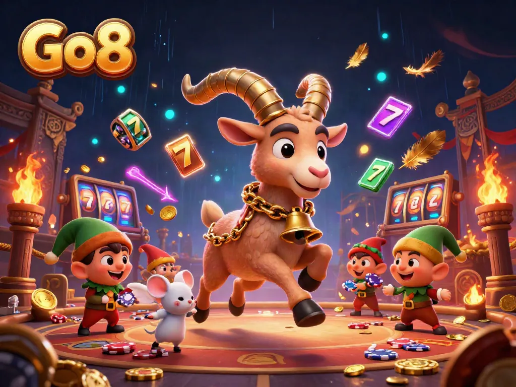 Go8 casino scene featuring Krampus in chains, angel mouse, and gremlins stealing chips.