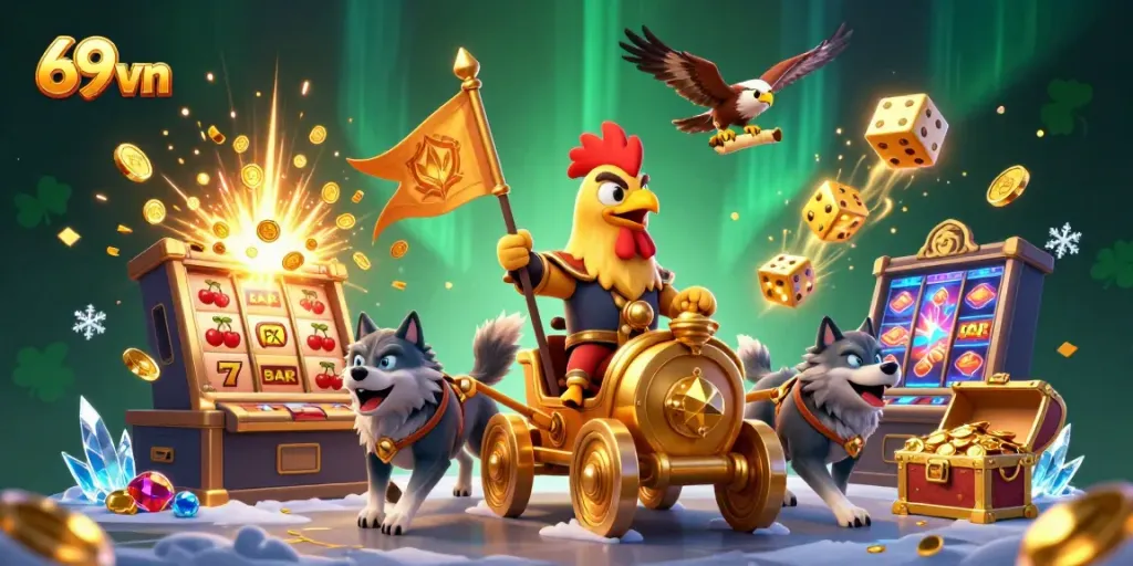 Experience thrilling wins with 69vn's dynamic casino games and jackpots illustrated in vibrant detail.