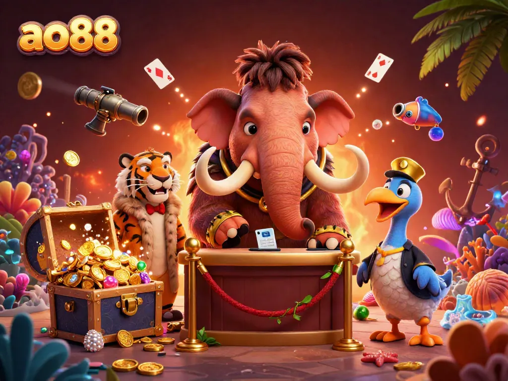 ao88 casino experience with a cartoon woolly mammoth bouncer welcoming guests in vibrant scenes of gold and fun.