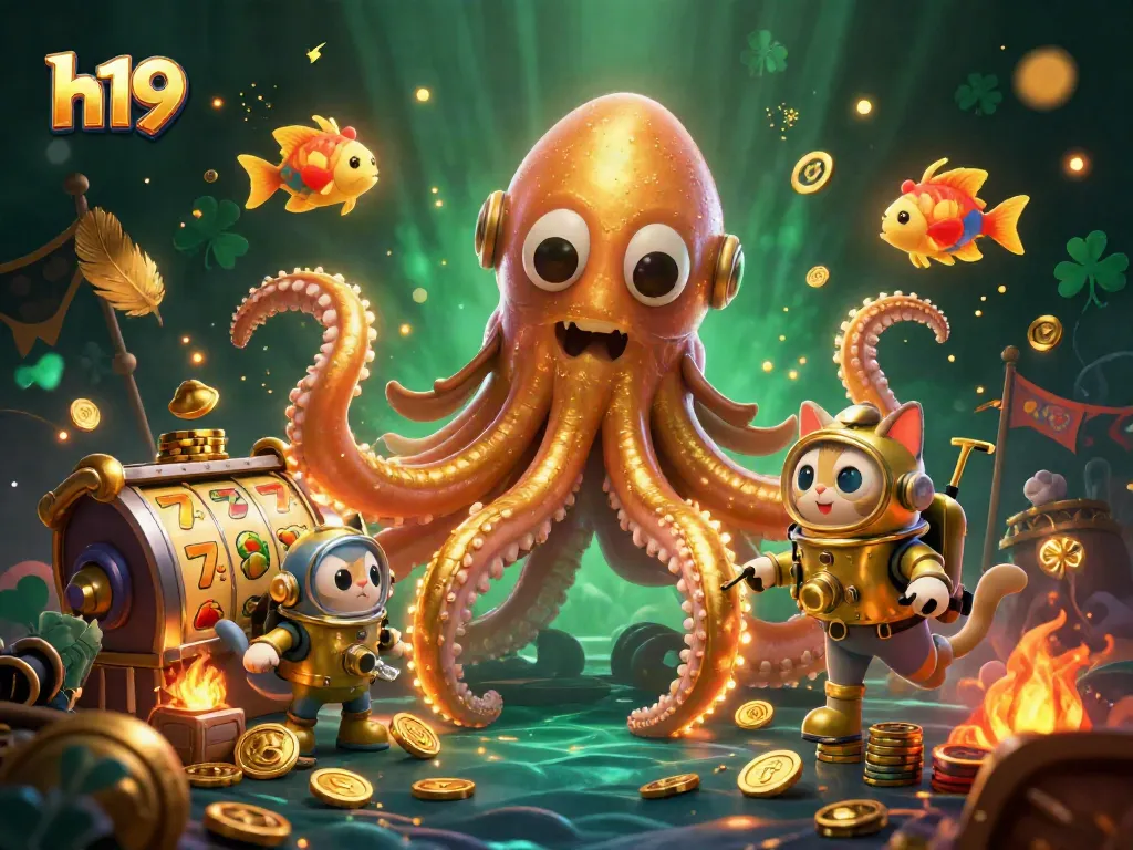 Engage with exciting slot reels at h19 featuring a kraken and diving cat in an animated scene.