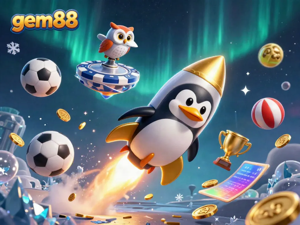 Win big at gem88 with a cartoon rocket-powered golden penguin and dynamic casino elements.