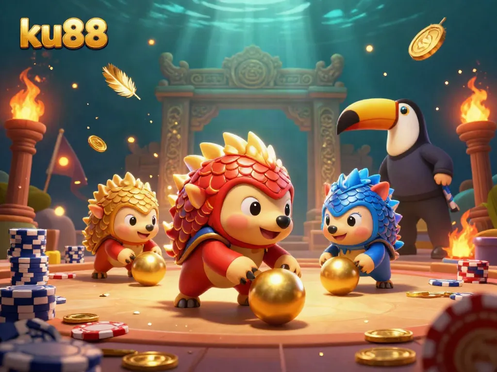 ku88 pangolins compete in a vibrant casino, rolling golden balls and bowling through poker chips.