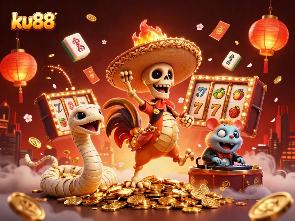 Experience the excitement of ku88 with a colorful casino celebration featuring a dancing rooster and joyful elements.