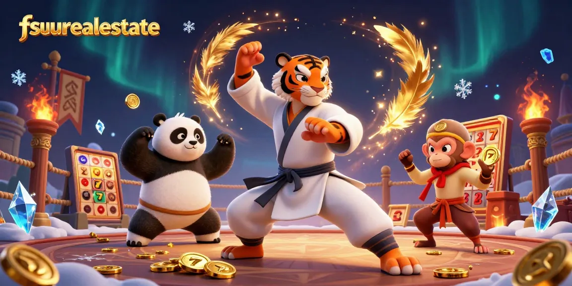 Experience thrilling fsurealestate casino action in this vibrant 3D illustration depicting a kung fu tiger master and friends.