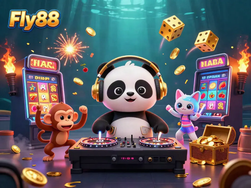 Engage in vibrant casino fun with Fly88, featuring a DJ panda, dancing monkey, and glowing kitten.