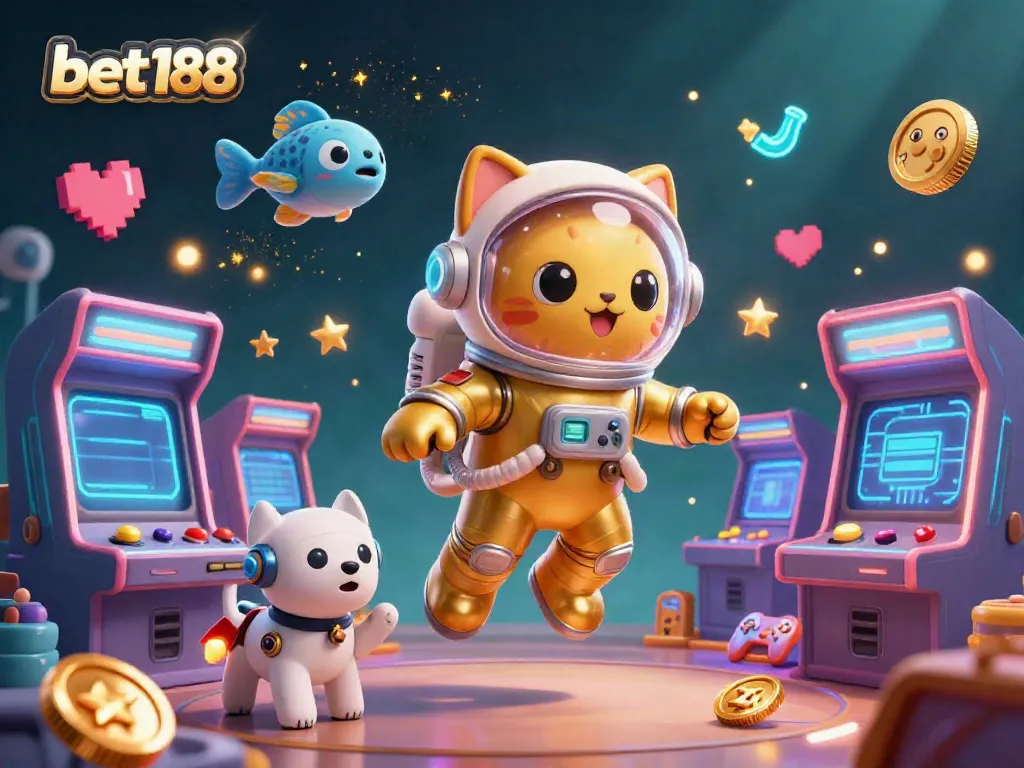 Engage with bet188 in a vibrant casino-themed universe with a floating astronaut cat and a robot dog amid dazzling game elements.