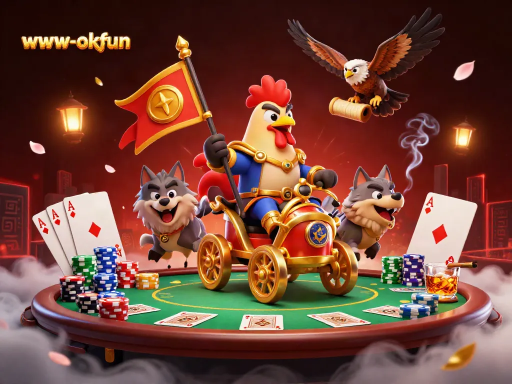 Experience the excitement at www-okfun with a dynamic casino scene featuring a rooster warlord and poker elements.
