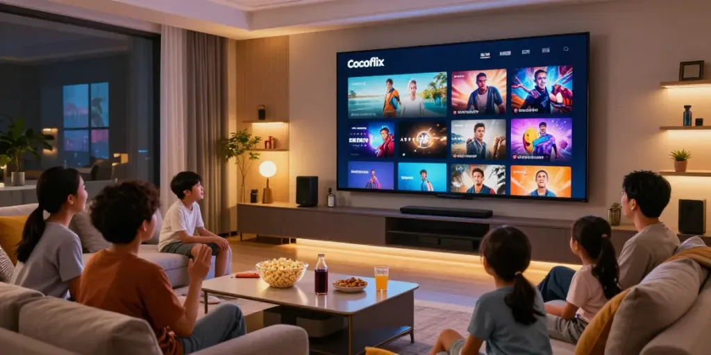Cocoflix.co streaming family movie night in a cozy entertainment room.