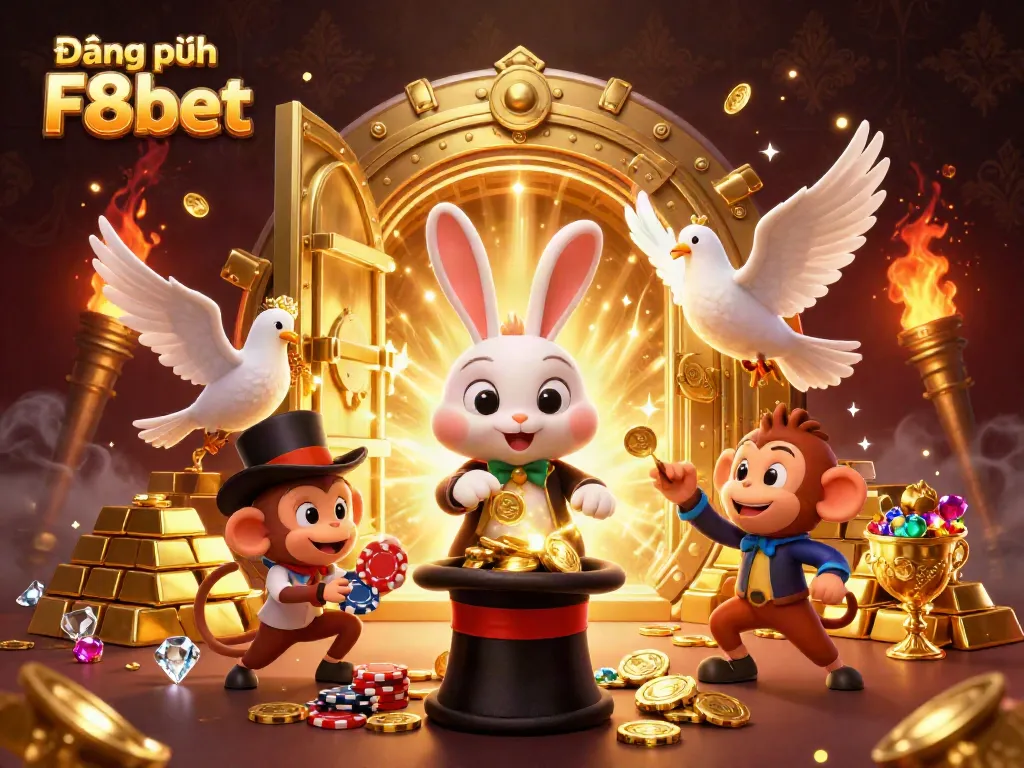 Enchanting scene with Đăng ký F8bet showcasing a magician rabbit pulling coins, dazzling elements, and fun casino characters.