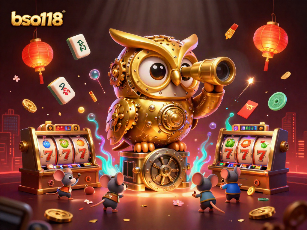 Experience the thrill of bso118 slots with captivating visuals of a 3D golden owl and vibrant casino elements.